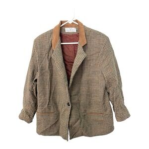 Vintage 90s Womens 16 Wool Houndstooth Blazer Jacket USA Made Leather Collar